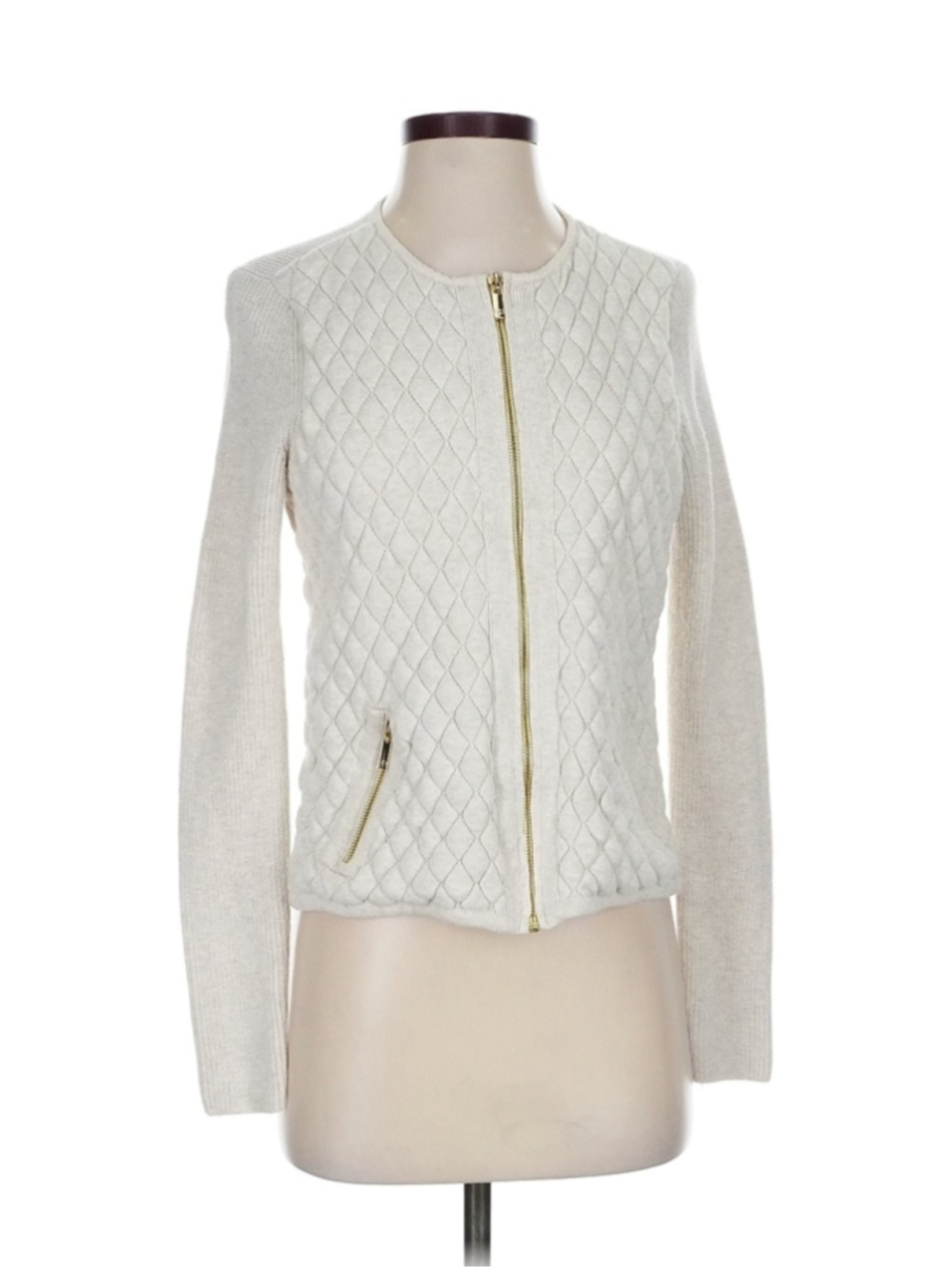 Charter Club Cream Quilted Zip-Front Knit Bomber Jacket